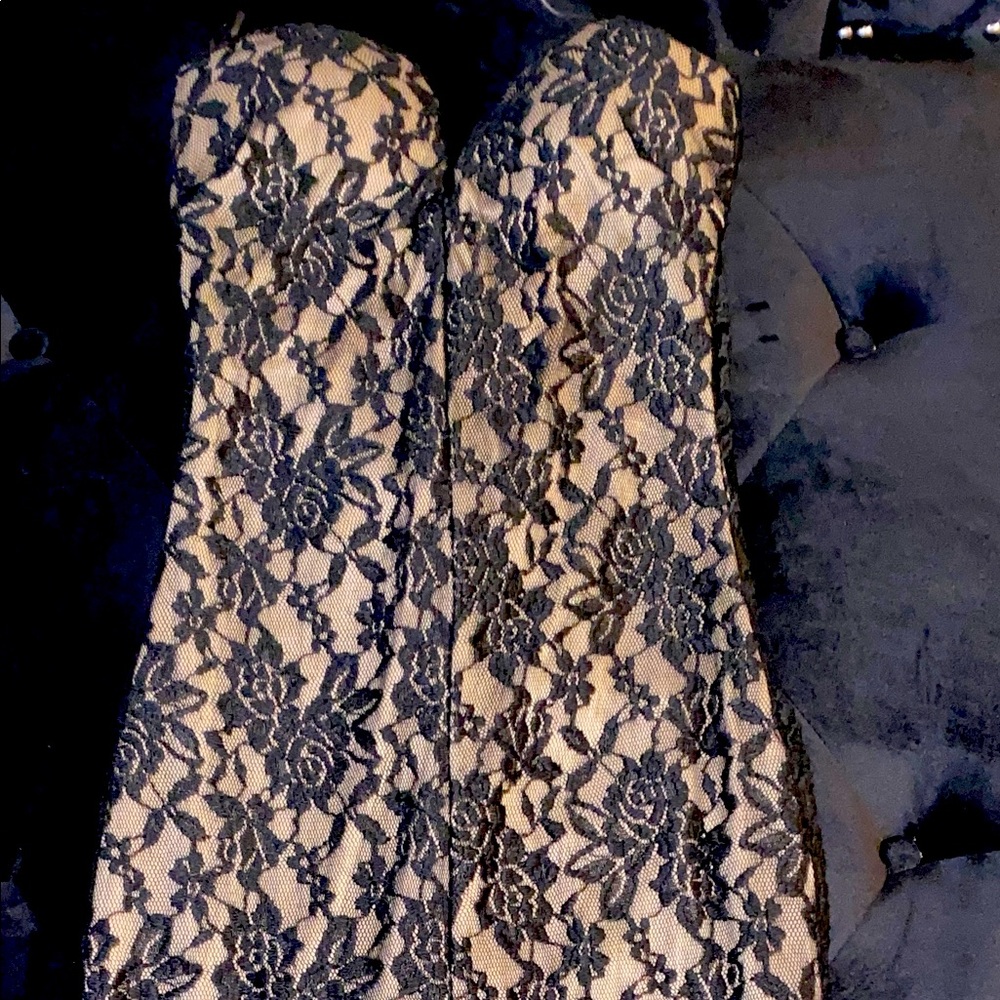 Black Lace Nude Illusion Strapless Padded Knee Length Dress